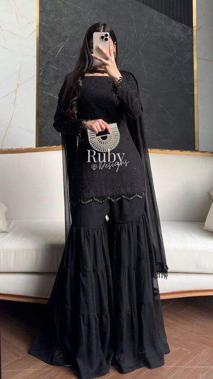 FARYAL Noir - 3 Piece Chiffon Suit with Tiered Sharara