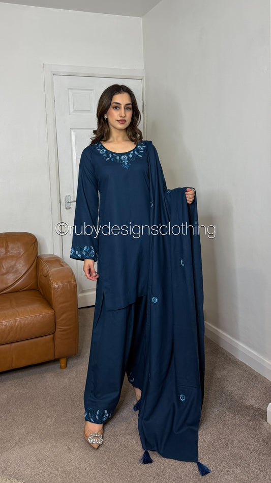 NEHAL - 3 Piece Teal Marina Suit with Shawl