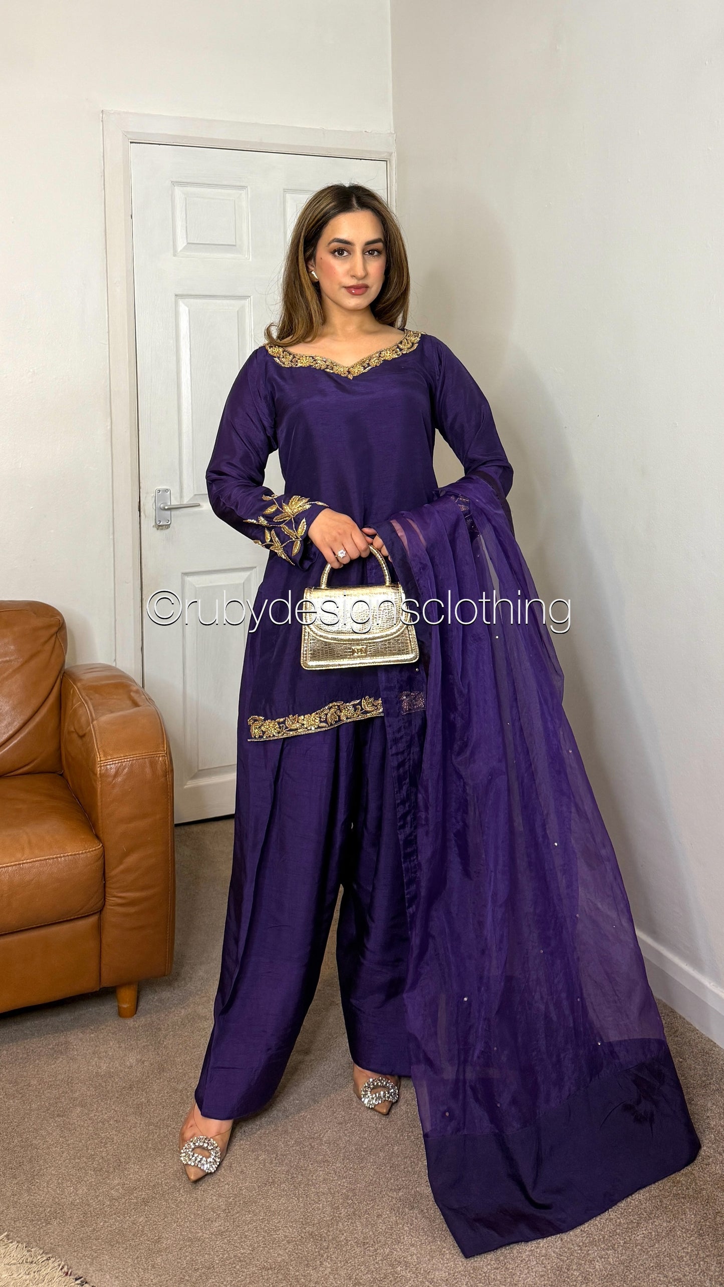 SHAFAQ Midnight - 3 Piece Raw Silk Suit with Farshi Shalwar