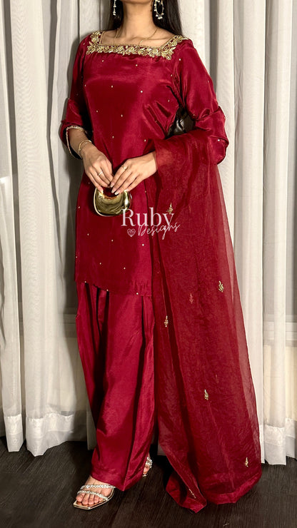 MEHER Rouge - 3 Piece Silk Suit with Farshi Shalwar
