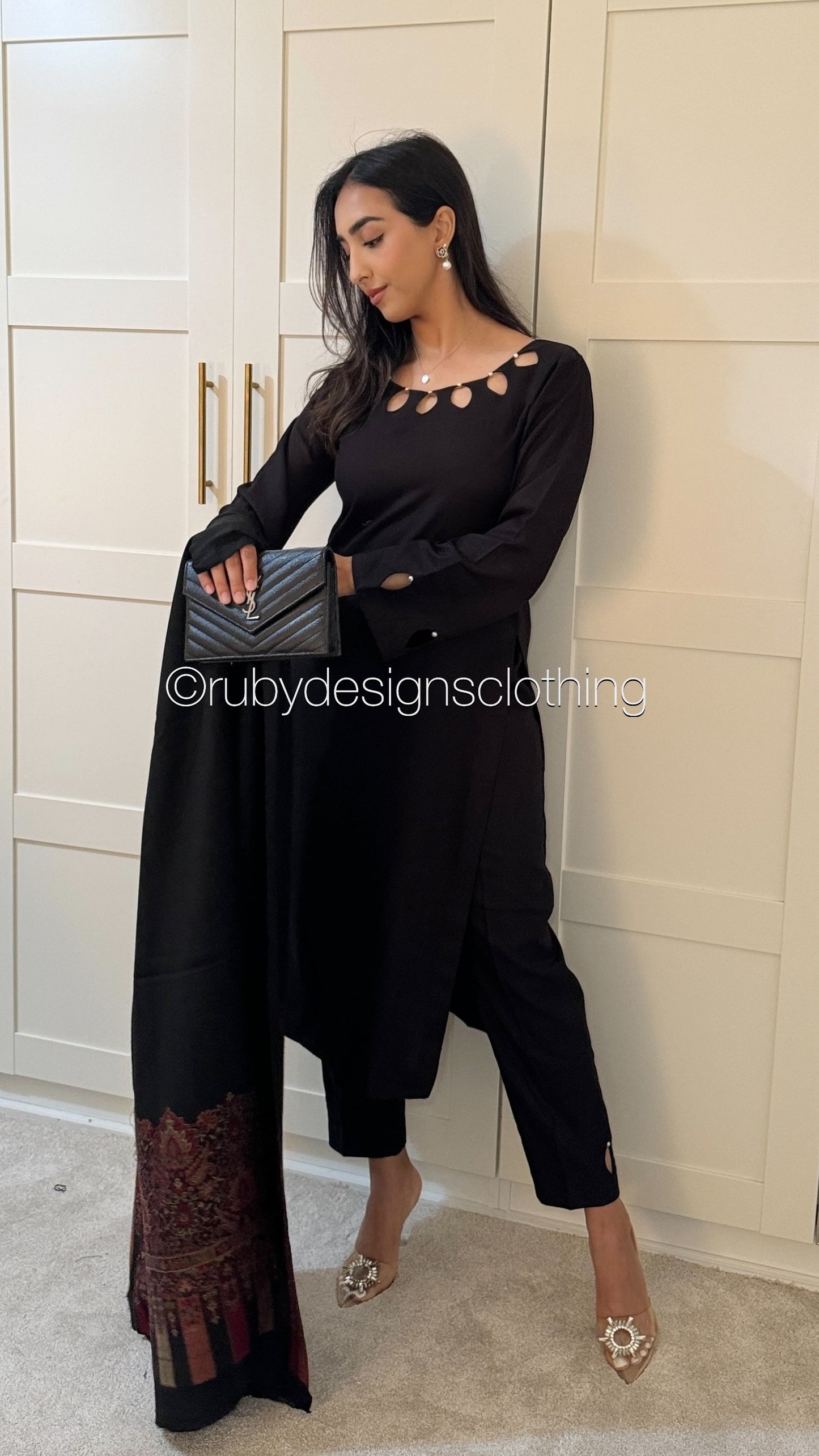 MIRA Black - 3 Piece Linen Suit with Printed Shawl