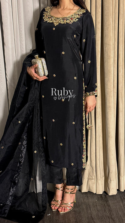 MEHRA - 3 Piece Black Silk Suit with Organza Dupatta