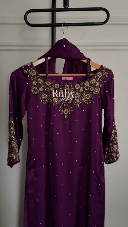 HANIA Plum - 3 Piece Silk Suit with Straight Trouser
