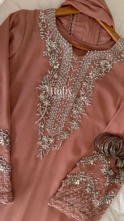 AREEN Blush - 3 Piece Chiffon Suit with Pearl and Stone Handwork
