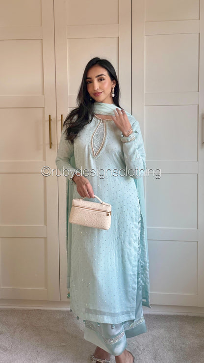 LEENA Sky - 3 Piece Chiffon Suit with Stonework