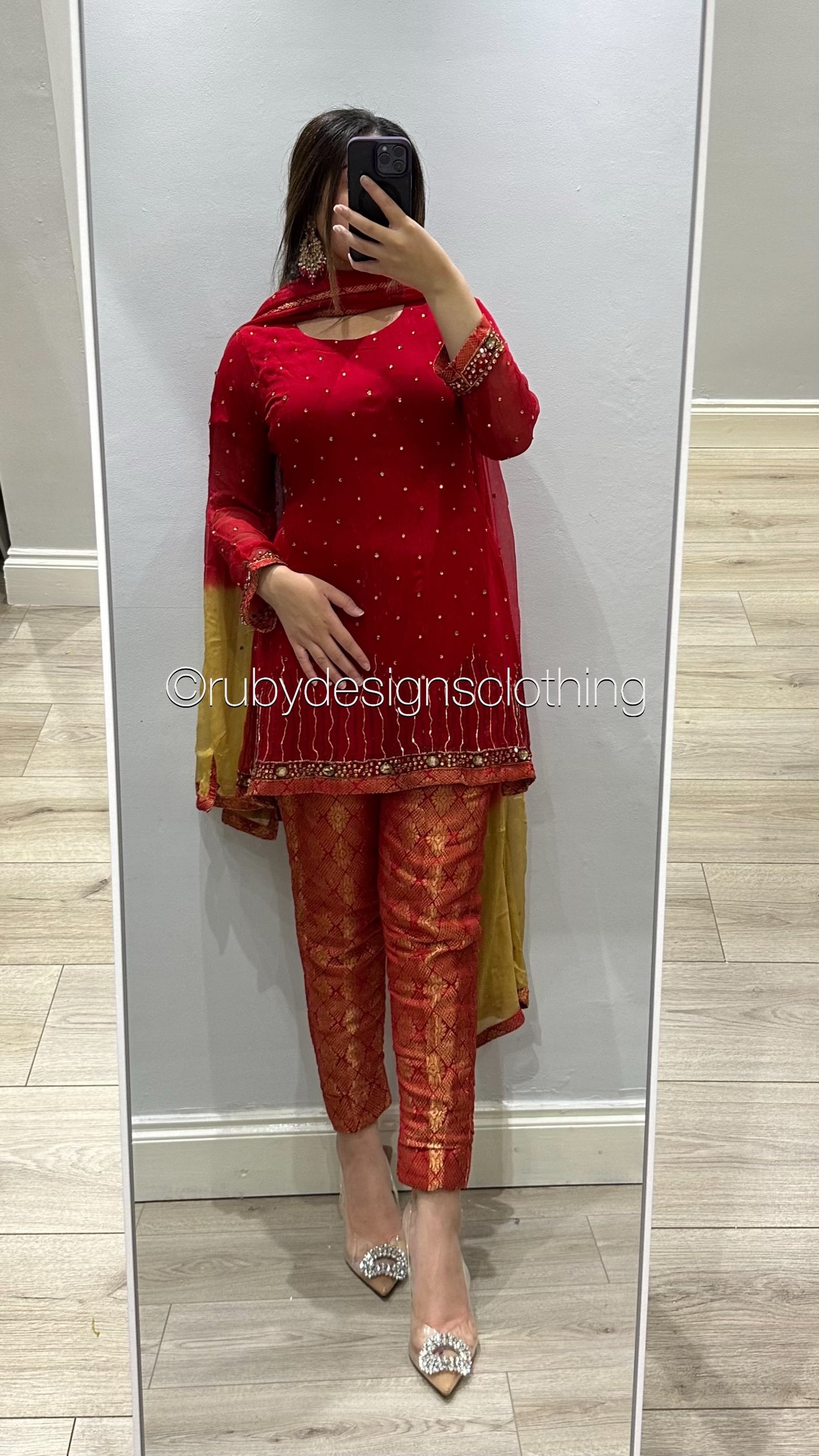 EXCLUSIVE SAMPLE - 3 Piece Red Chiffon Suit with Jamawar Trousers (8746850123989)