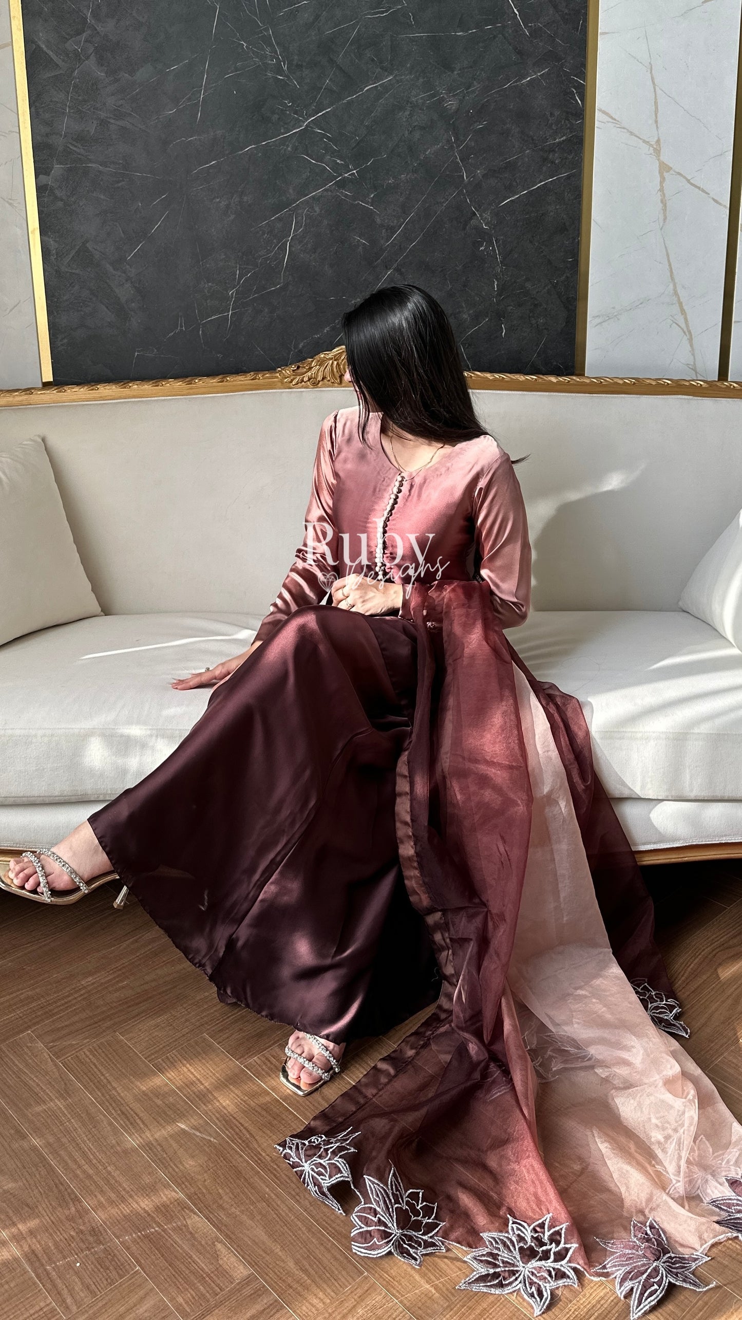 FIHA Mocha - 3 Piece Ombrè Silk Suit with Flowy Wide Pants