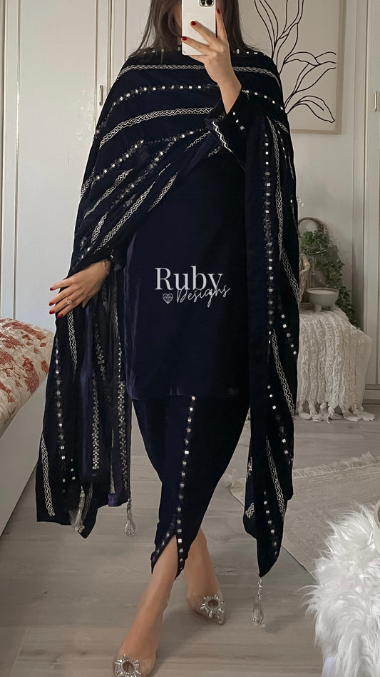 ELMIRA - 3 Piece Luxury Velvet Suit with Heavy Mirror Shawl