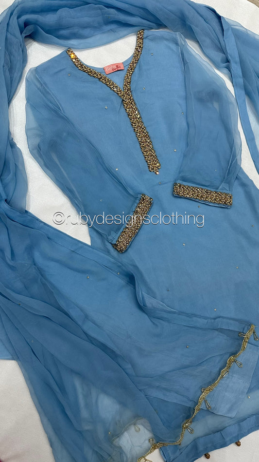 EXCLUSIVE SAMPLE - 3 Piece Blue Chiffon Suit with Gold Handwork (8746815357141)