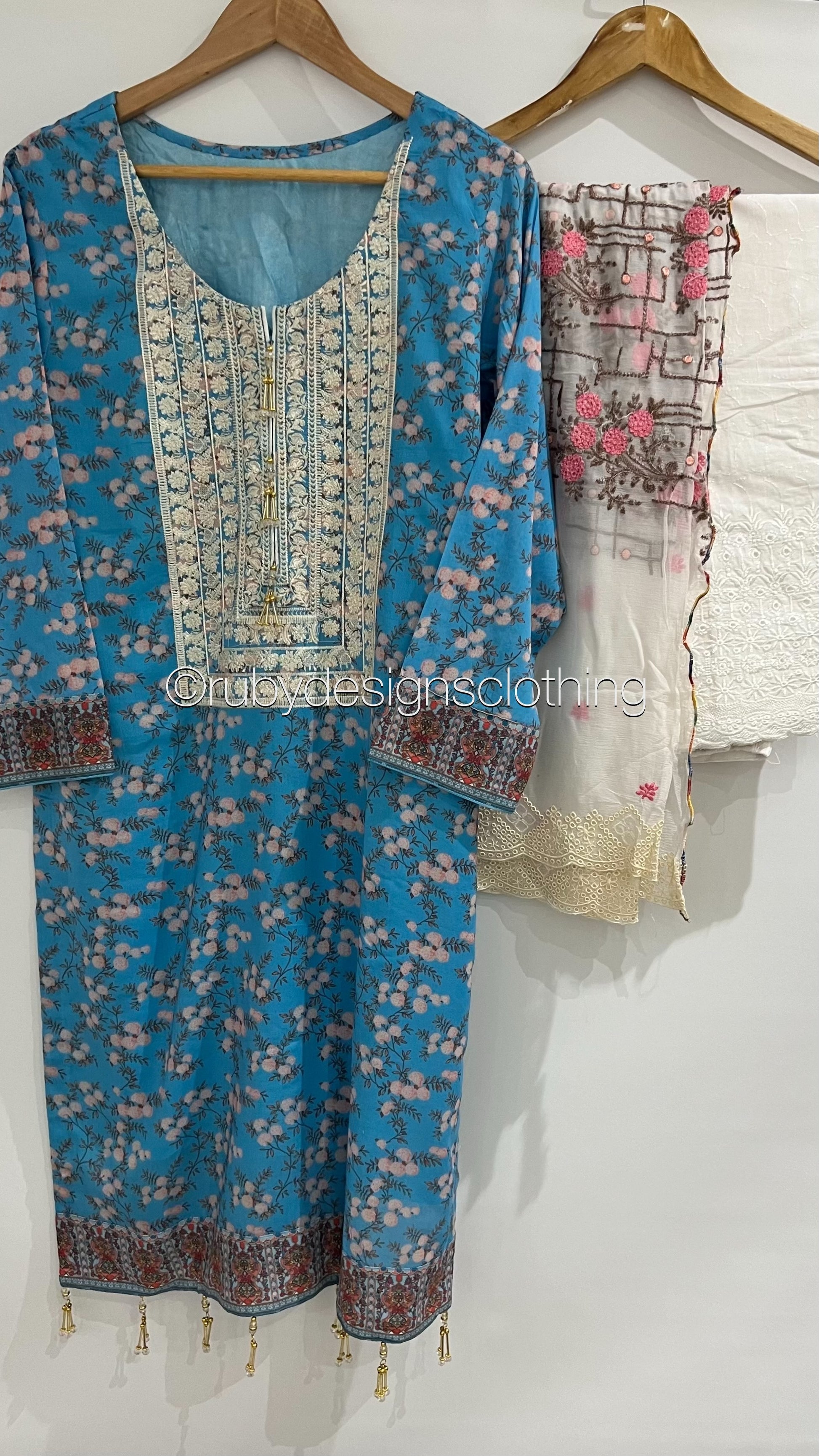 Original Manizay Blue 3 Piece Swiss Lawn Suit with Floral Print (8748095602901)