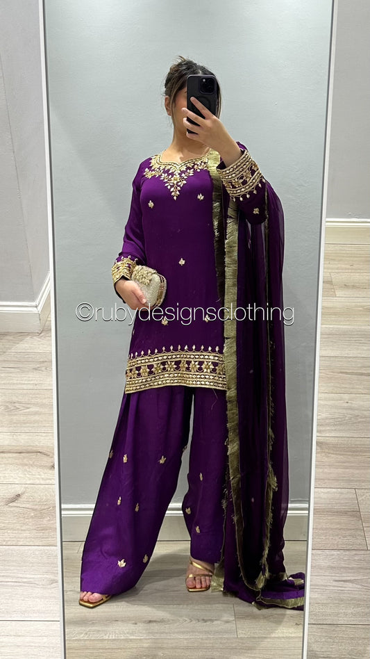 SAJAL Purple - EXCLUSIVE SAMPLE 3 Piece Chiffon Suit with Farshi Shalwar and Gota Handwork