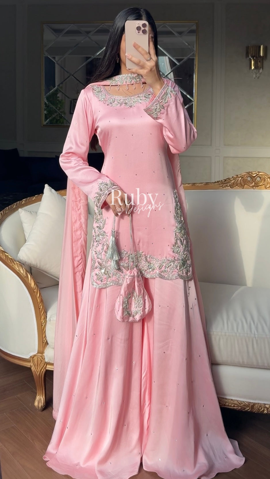 PARISA Rose - 4 Piece Silk Suit with Matching Potli Bag