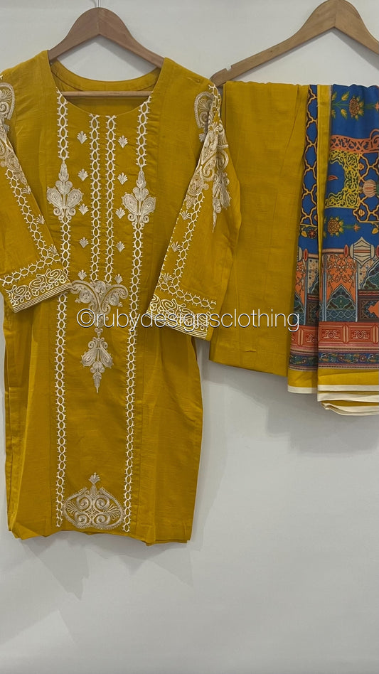 3 Piece Yellow Khaddar Suit with Shawl (8747599331541)