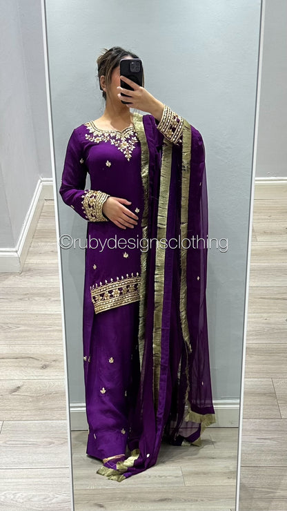 SAJAL Purple - EXCLUSIVE SAMPLE 3 Piece Chiffon Suit with Farshi Shalwar and Gota Handwork