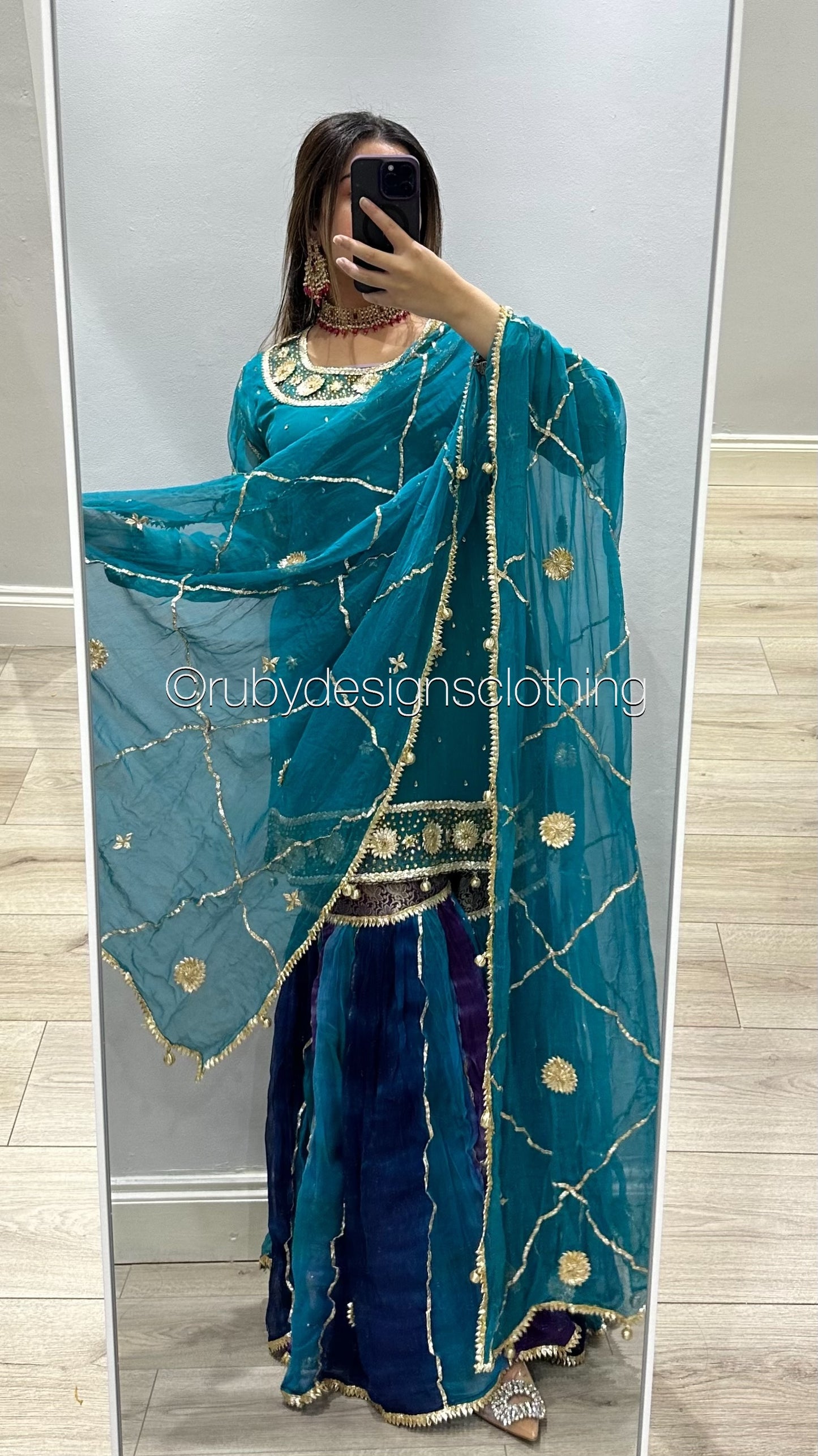 EXCLUSIVE SAMPLE - 3 Piece Blue and Purple Chiffon Suit with Gota Work and Sharara (8746852679893)