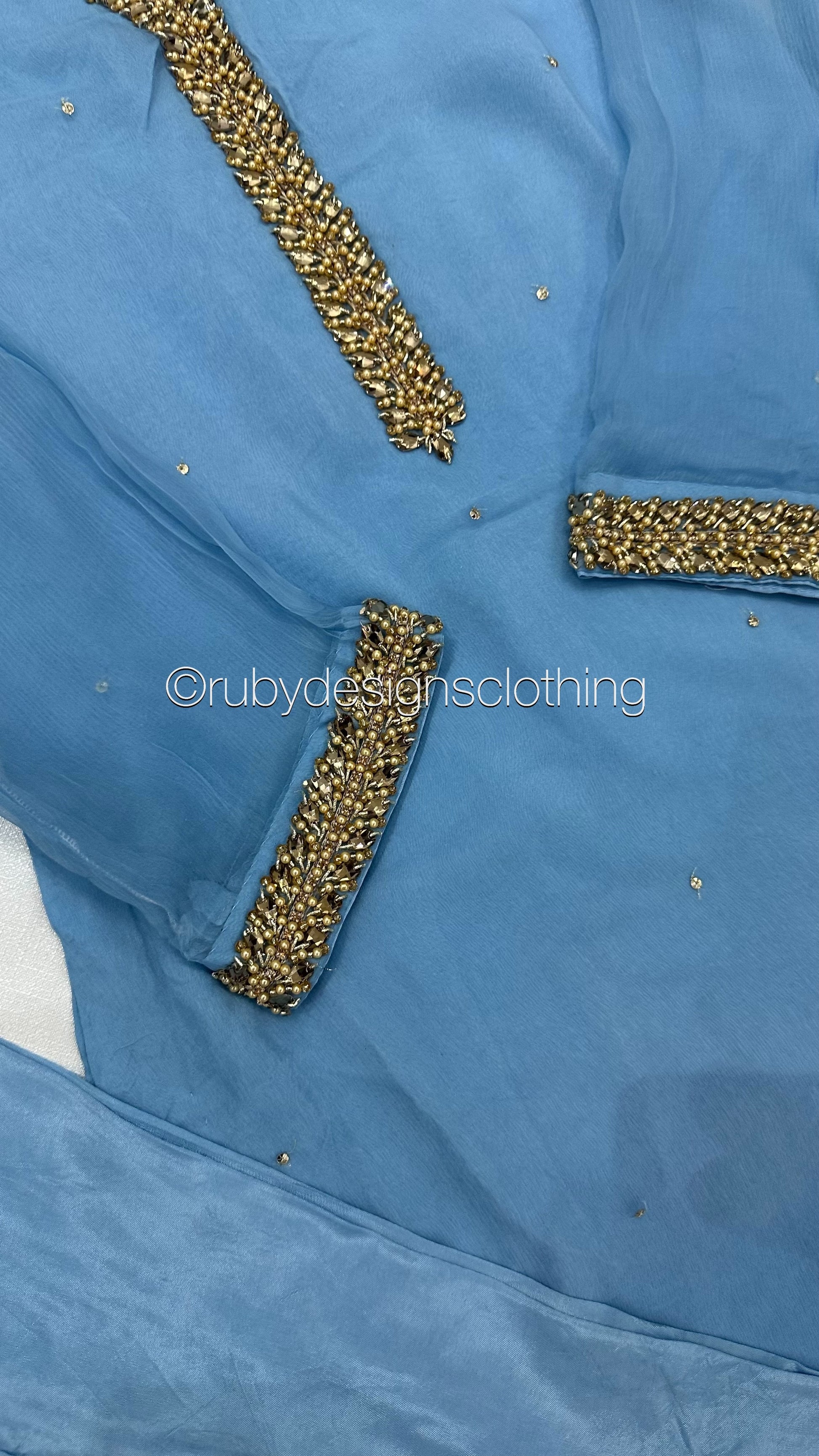 EXCLUSIVE SAMPLE - 3 Piece Blue Chiffon Suit with Gold Handwork (8746815357141)