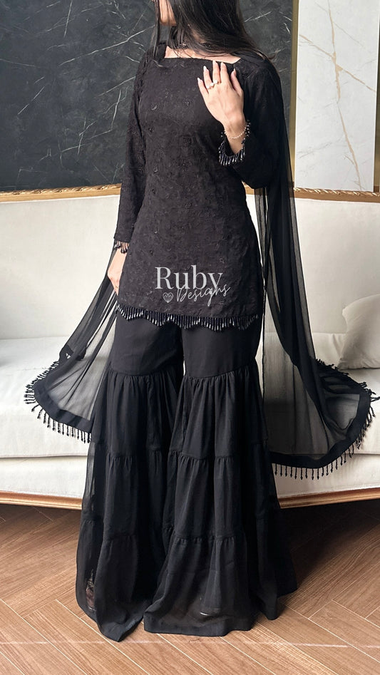 FARYAL Noir - 3 Piece Chiffon Suit with Tiered Sharara