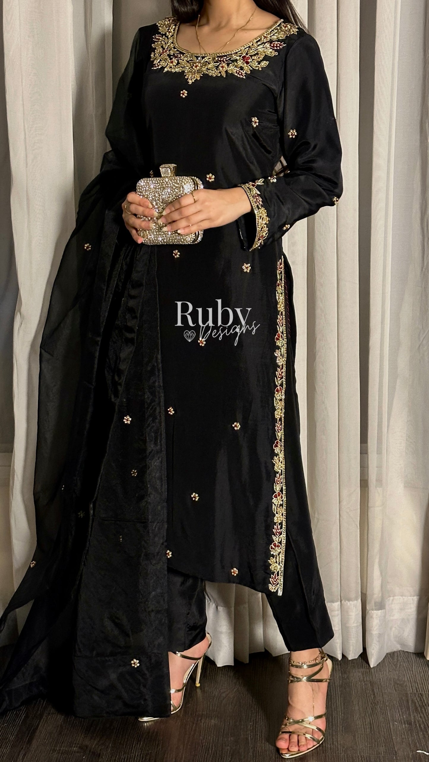 MEHRA - 3 Piece Black Silk Suit with Organza Dupatta