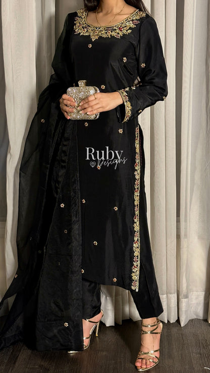MEHRA - 3 Piece Black Silk Suit with Organza Dupatta