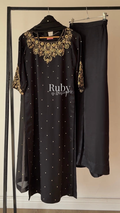 HANIA Noir - 3 Piece Silk Suit with Straight Trouser