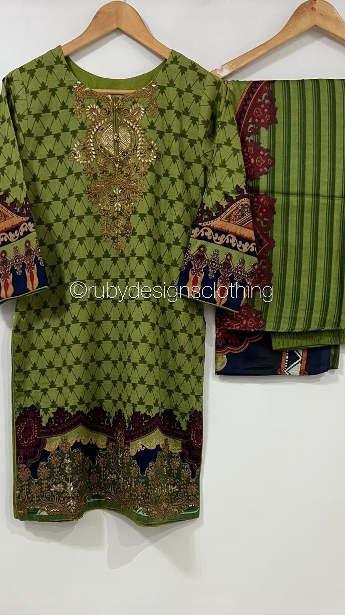 3 Piece Green Khaddar Suit with Shawl (8747216896213)