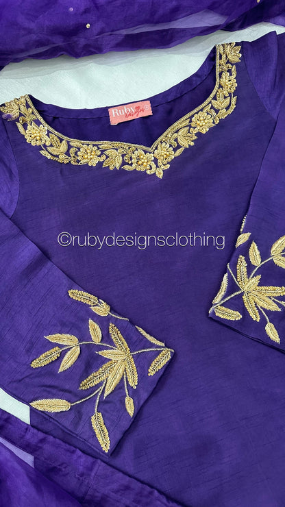 SHAFAQ Midnight - 3 Piece Raw Silk Suit with Farshi Shalwar