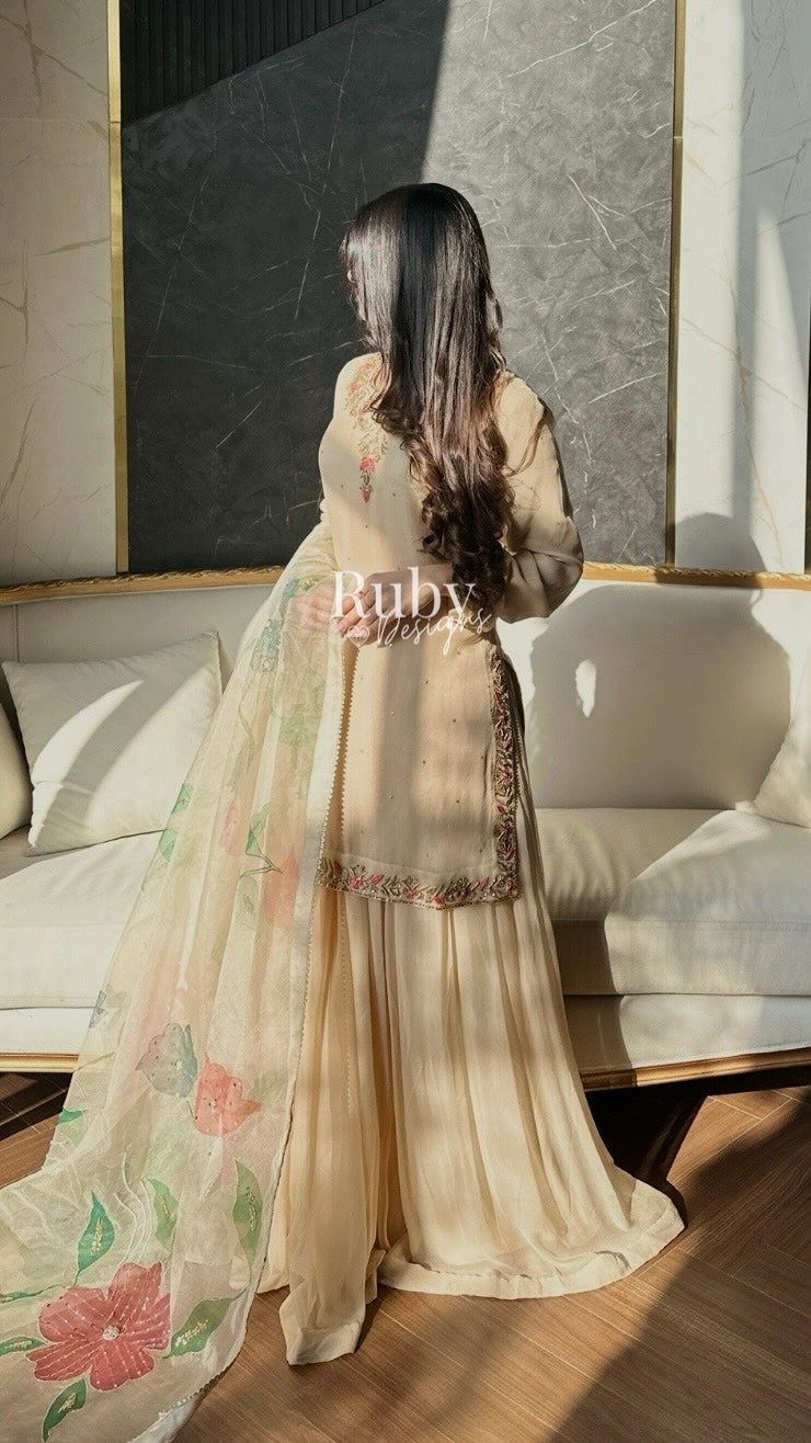ZAIRA Dune - 3 Piece Chiffon Sharara Suit with Hand Painted Dupatta