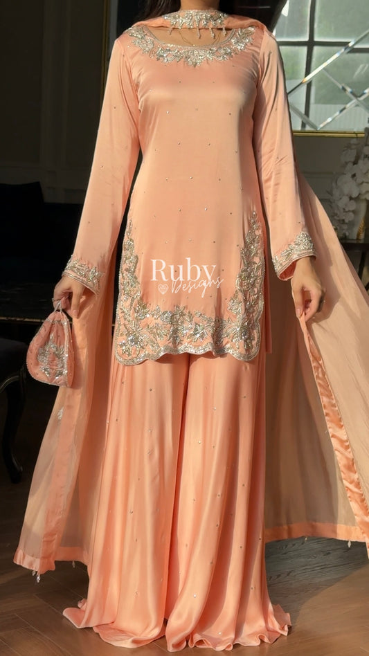PARISA Peach - 4 Piece Silk Suit with Matching Potli Bag