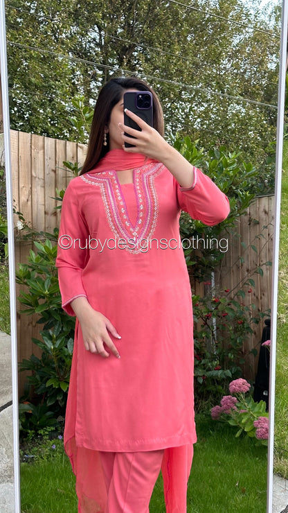 3 Piece Pink Linen Suit with Chiffon Dupatta (8746824401109)