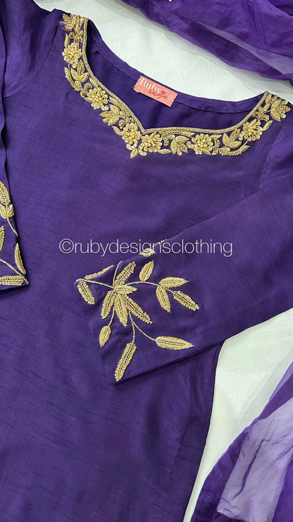 SHAFAQ Midnight - 3 Piece Raw Silk Suit with Farshi Shalwar