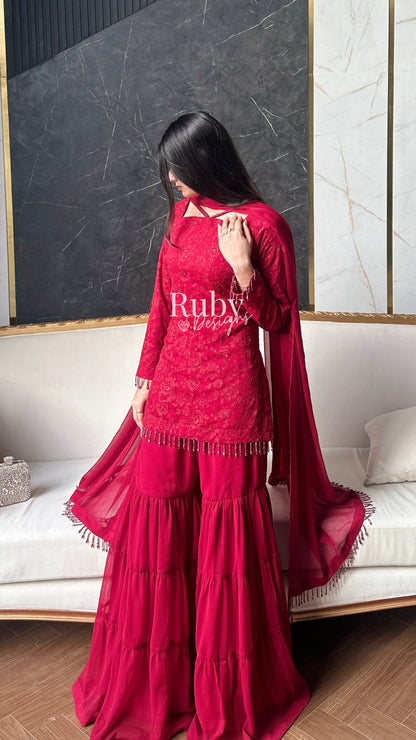 FARYAL Rouge - 3 Piece Chiffon Suit with Tiered Sharara