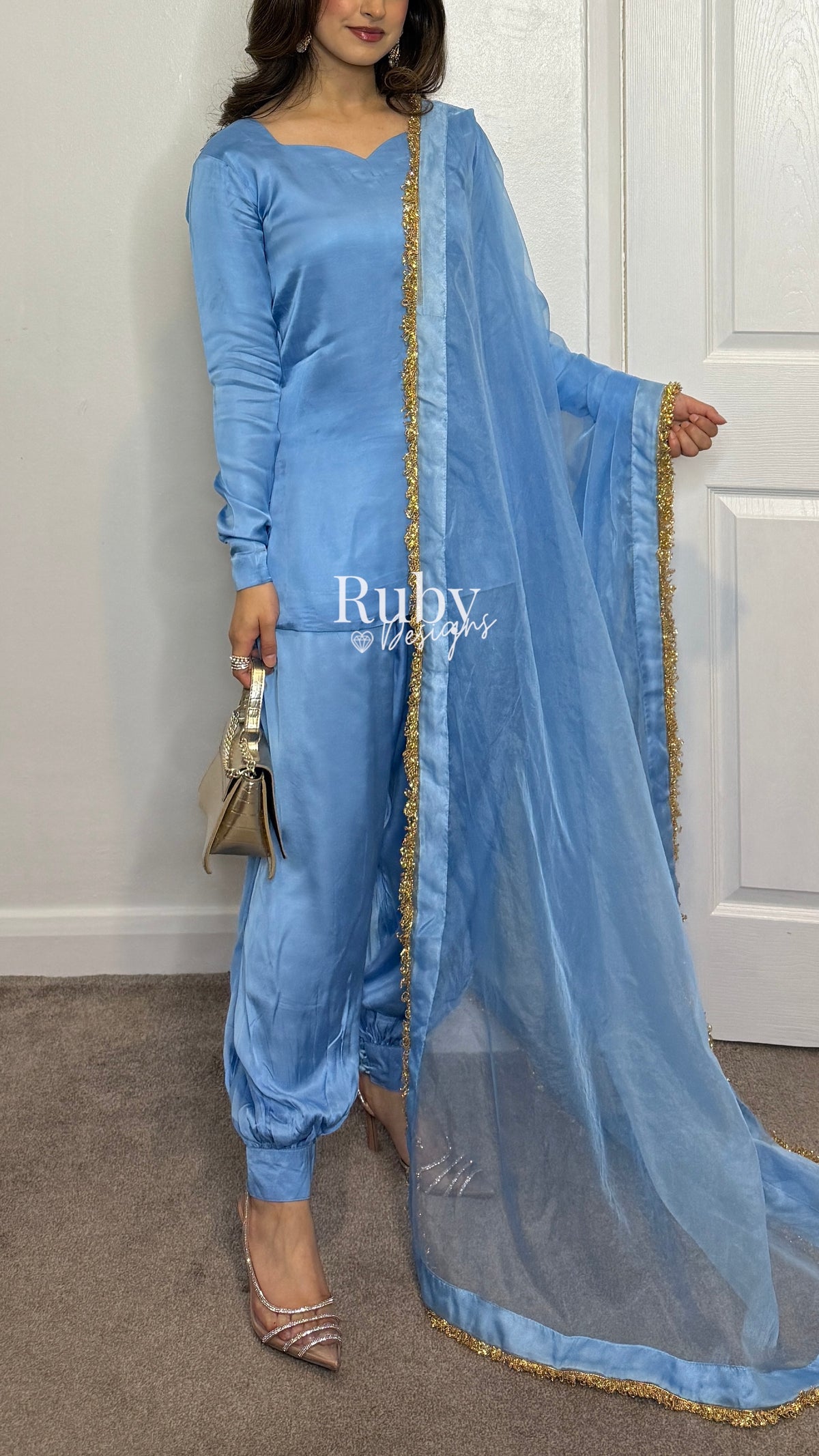 AMELLE Blue - 3 Piece Silk Suit with Balloon Pants