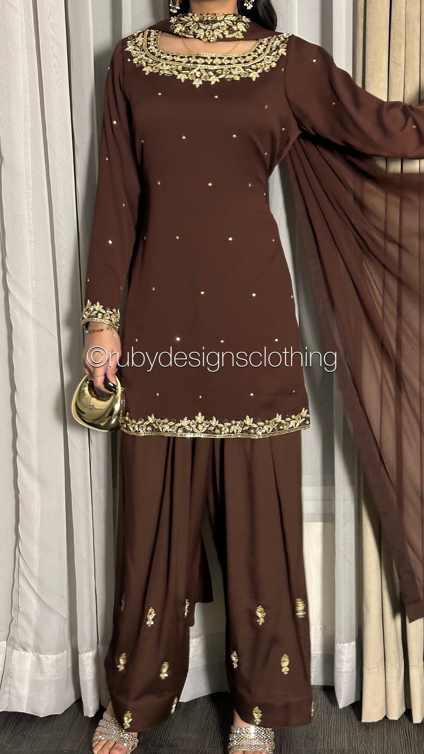 HUMNA Cocoa - 3 Piece Chiffon Suit with Farshi Shalwar