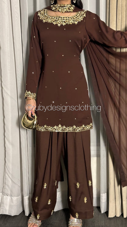 HUMNA Cocoa - 3 Piece Chiffon Suit with Farshi Shalwar