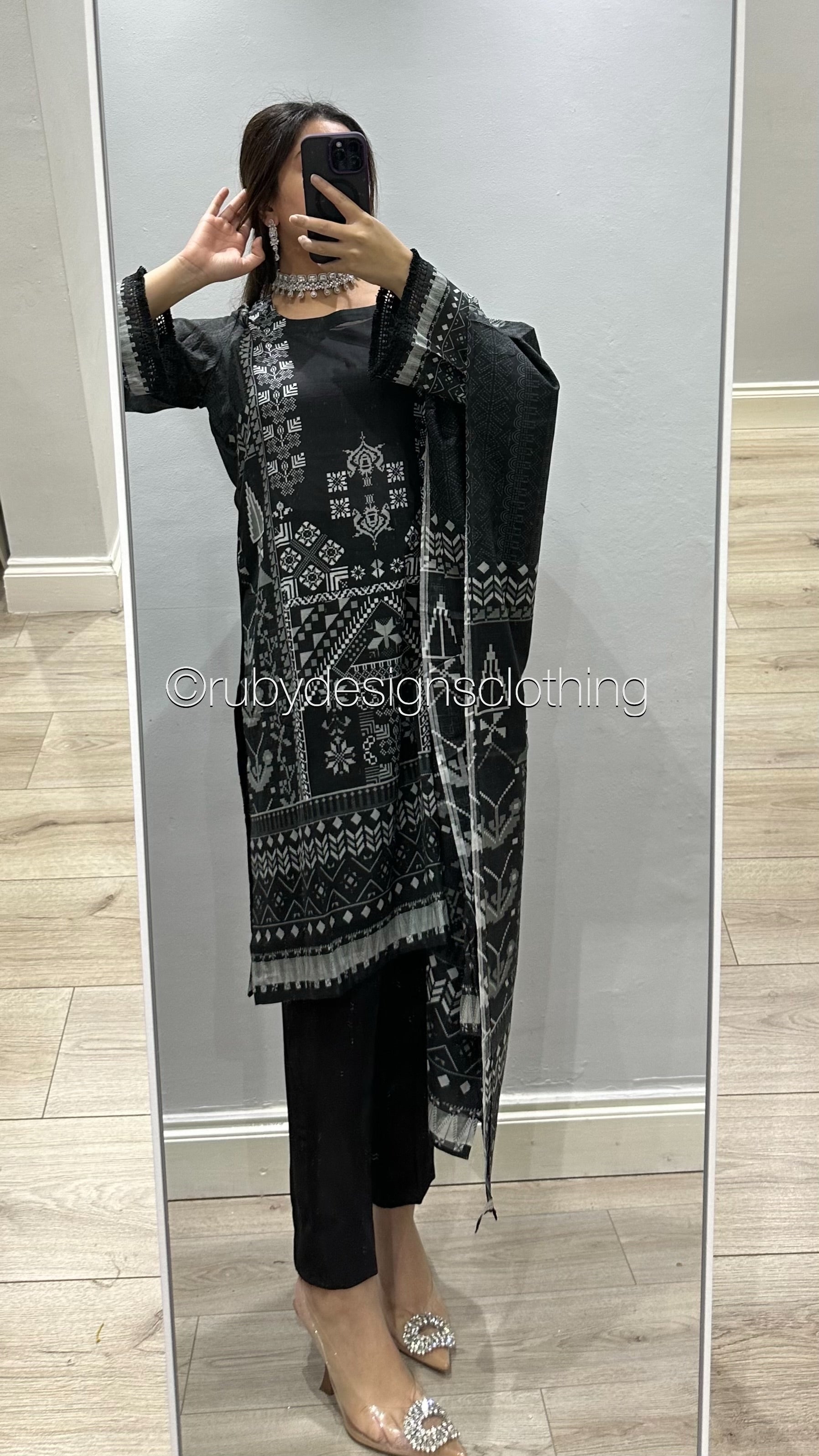 Original KHAS 3 Piece Black Lawn Suit with Printed Dupatta (8746817421525)