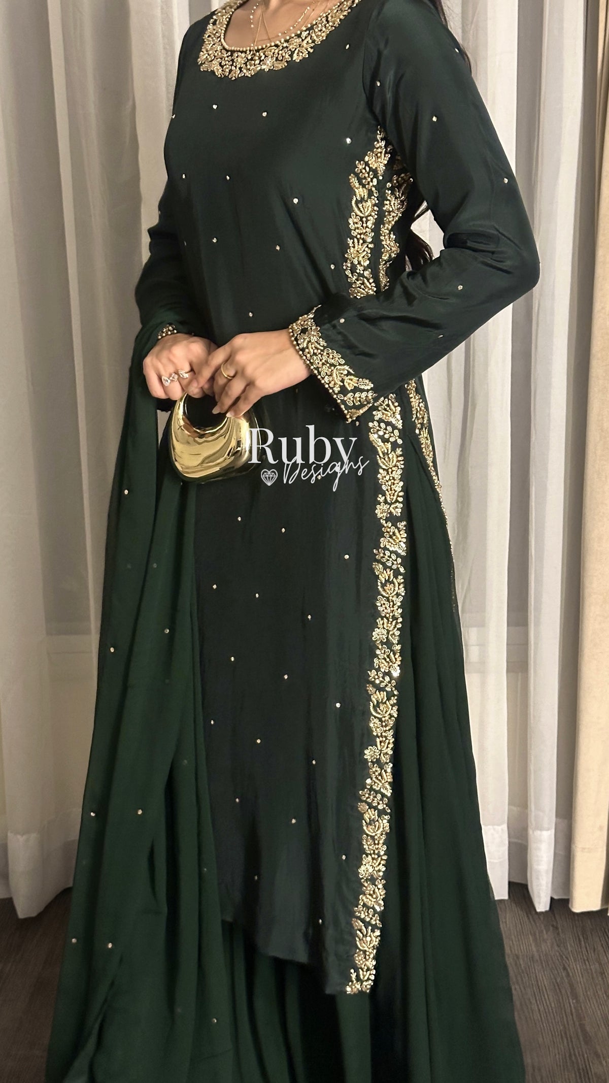 ZAINA Emerald - 3 Piece Silk Suit with Gold Handwork