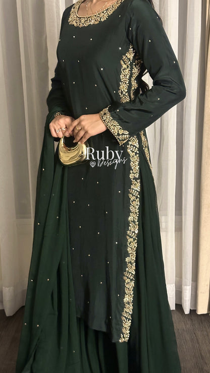 ZAINA Emerald - 3 Piece Silk Suit with Gold Handwork