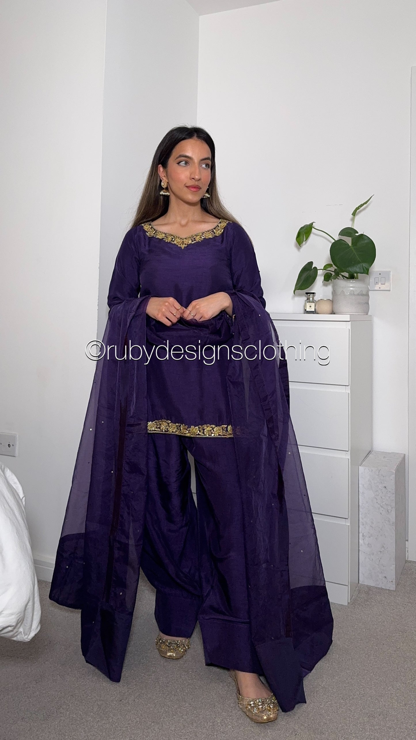 SHAFAQ Midnight - 3 Piece Raw Silk Suit with Farshi Shalwar