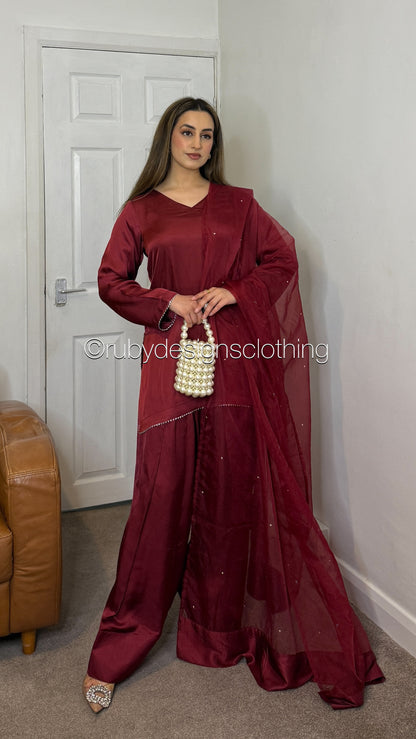 LAYLA Dusk - 3 Piece Silk Suit with Farshi Shalwar and Silver Gota Trim
