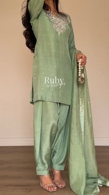 MARWA - 3 Piece Sage Green Silk Suit with Shalwar