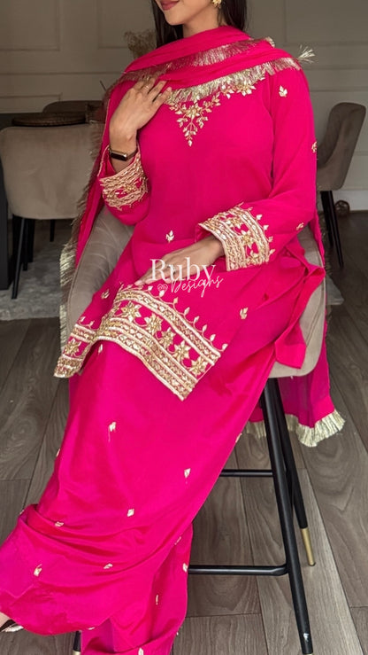 SAJAL Rose - 3 Piece Chiffon Suit with Farshi Shalwar and Gota Handwork