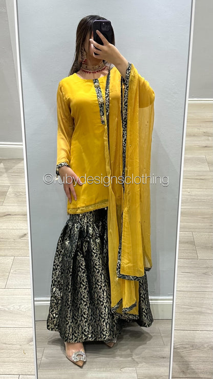 EXCLUSIVE SAMPLE - 3 Piece Yellow Chiffon Suit Shirt with Jamawar Gharara (8746851795157)