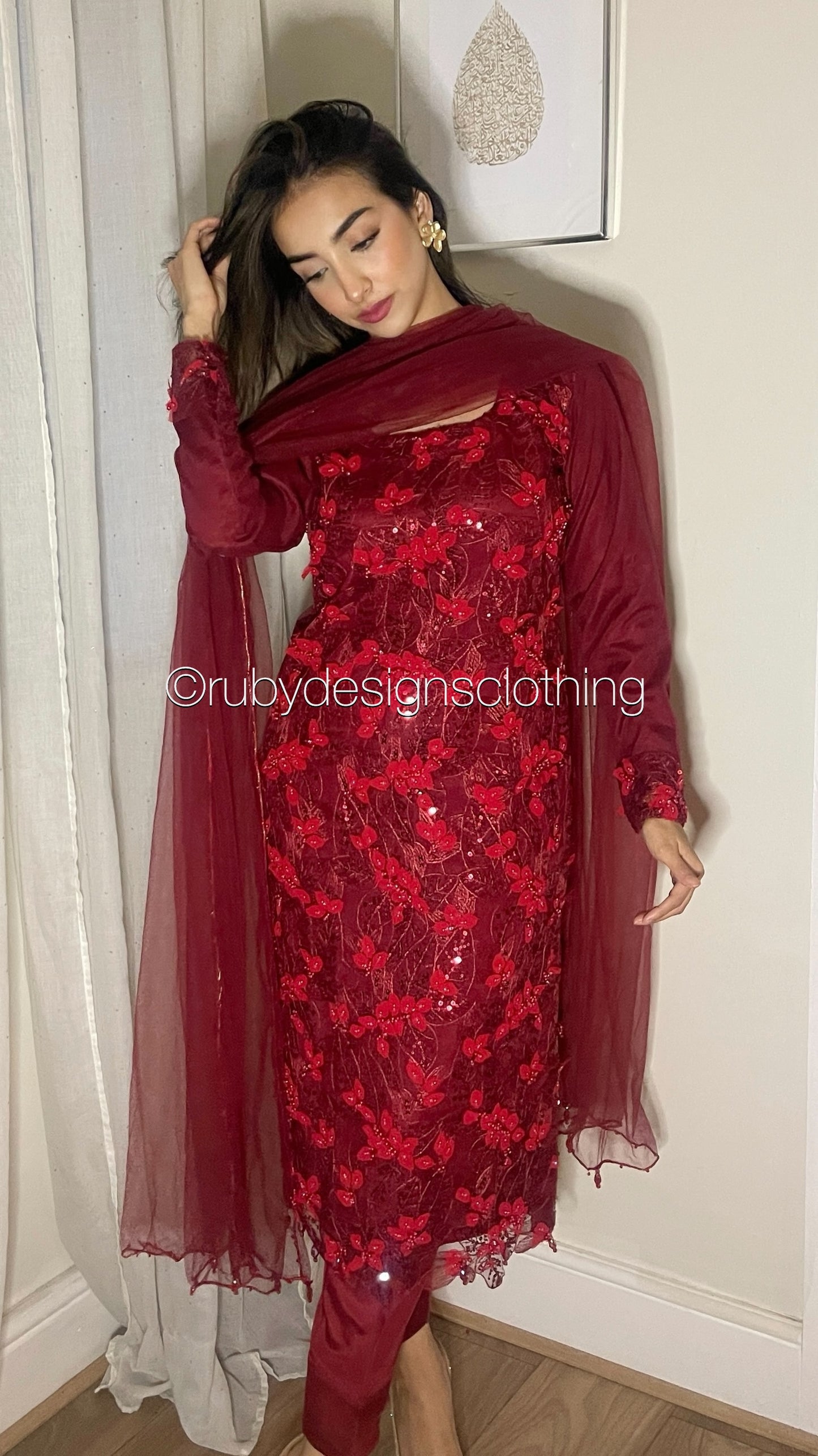 NORA - 3 Piece Red Heavy Embroidered 3D Net Suit