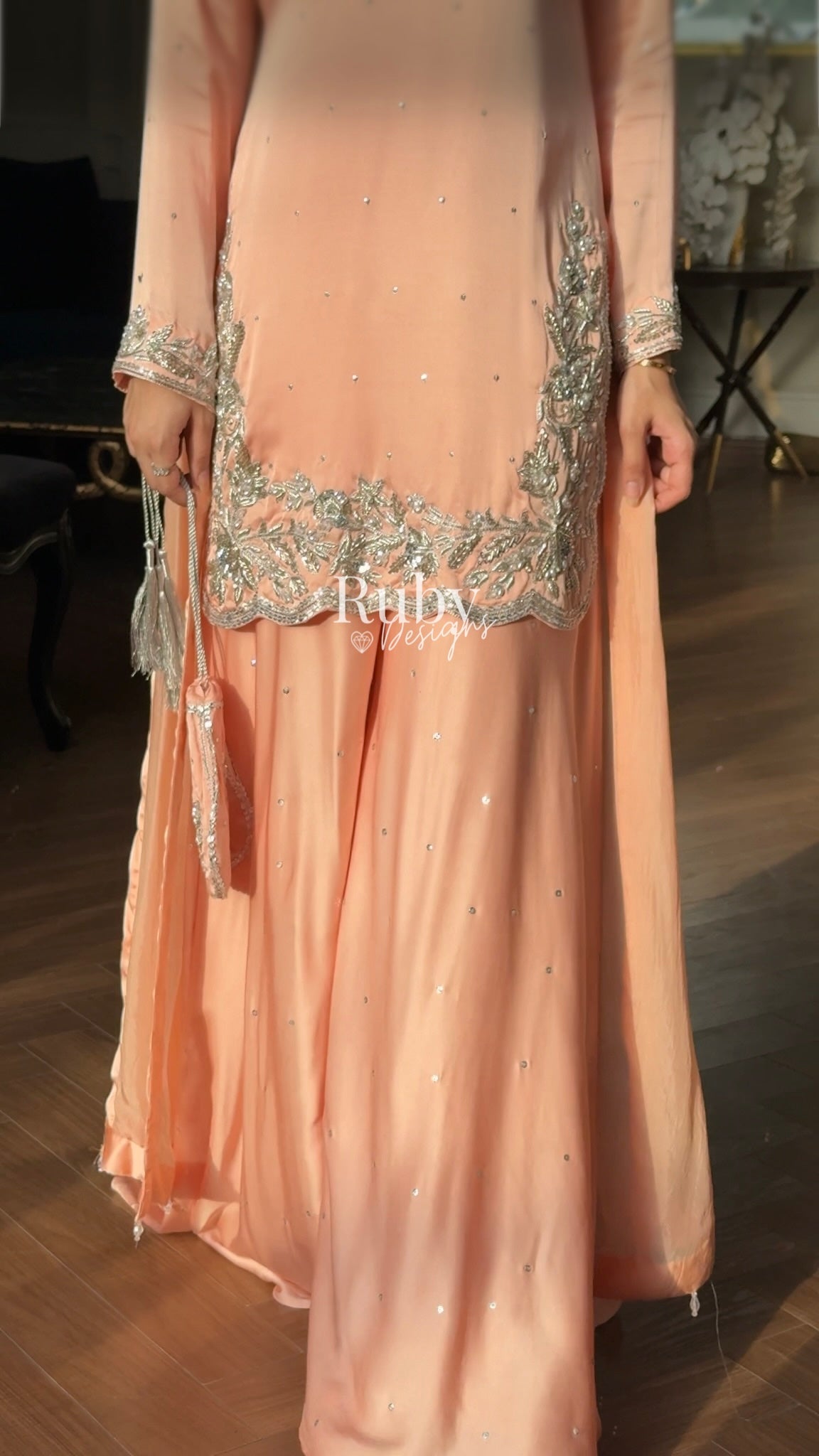 PARISA Peach - 4 Piece Silk Suit with Matching Potli Bag
