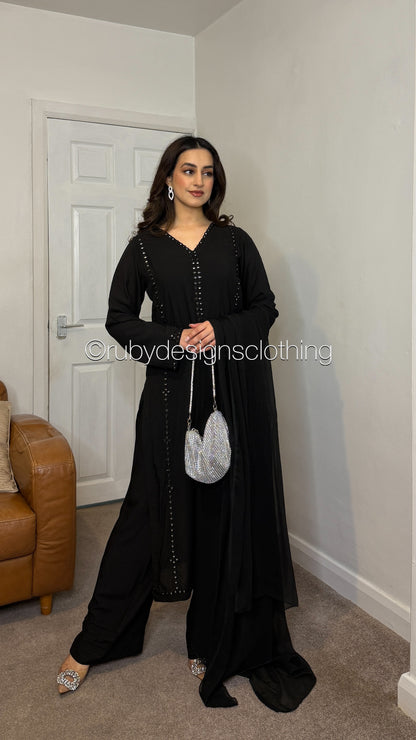 ARZOO Noir - 3 Piece Black Linen Suit with Chiffon Dupatta