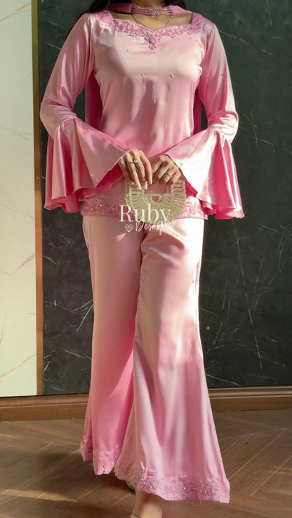 KAREENA Pink - 3 Piece Silk Suit with Crystal Choker Dupatta