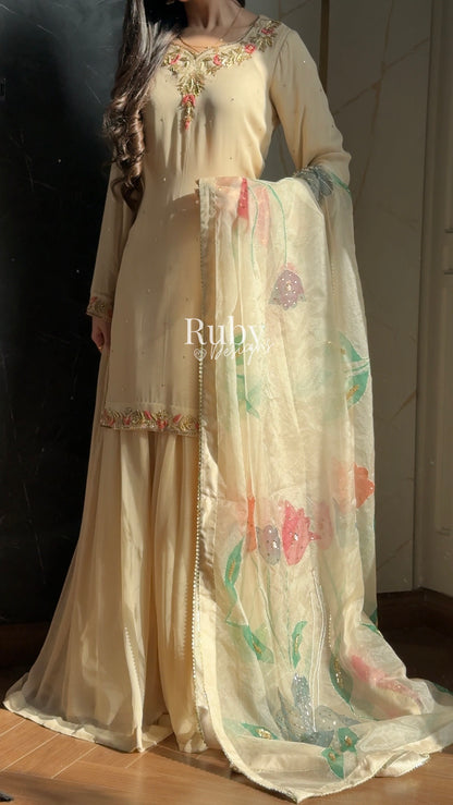 ZAIRA Dune - 3 Piece Chiffon Sharara Suit with Hand Painted Dupatta