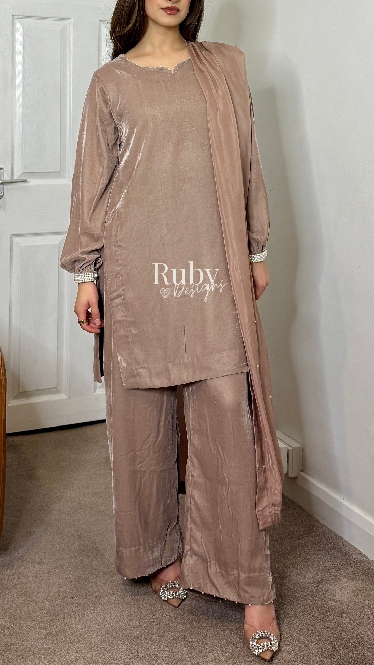 ALIA - 3 Piece Nude Luxury Velvet Suit with Pearls
