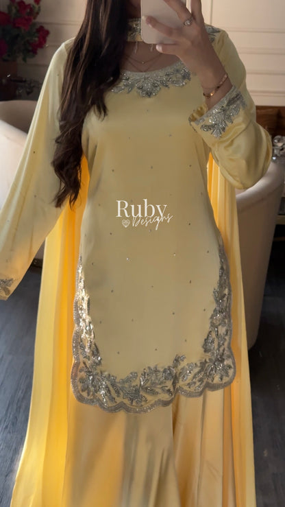 PARISA - 3 Piece Butter Yellow Silk Suit with Sharara