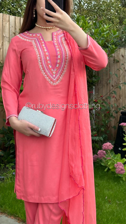 3 Piece Pink Linen Suit with Chiffon Dupatta (8746824401109)